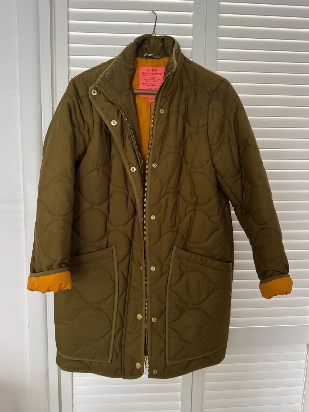 J Crew Olive Quilted Long Jacket with Mustard Lining Oversized Fit xxs